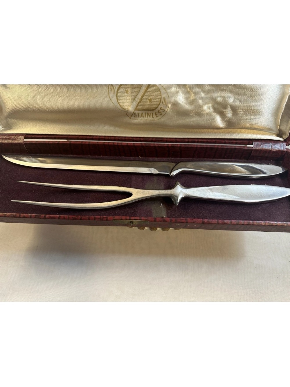 VINTAGE ASHTON STAINLESS SOLID CARVING SET IN ORIGINAL CASE MADE IN SWEDEN